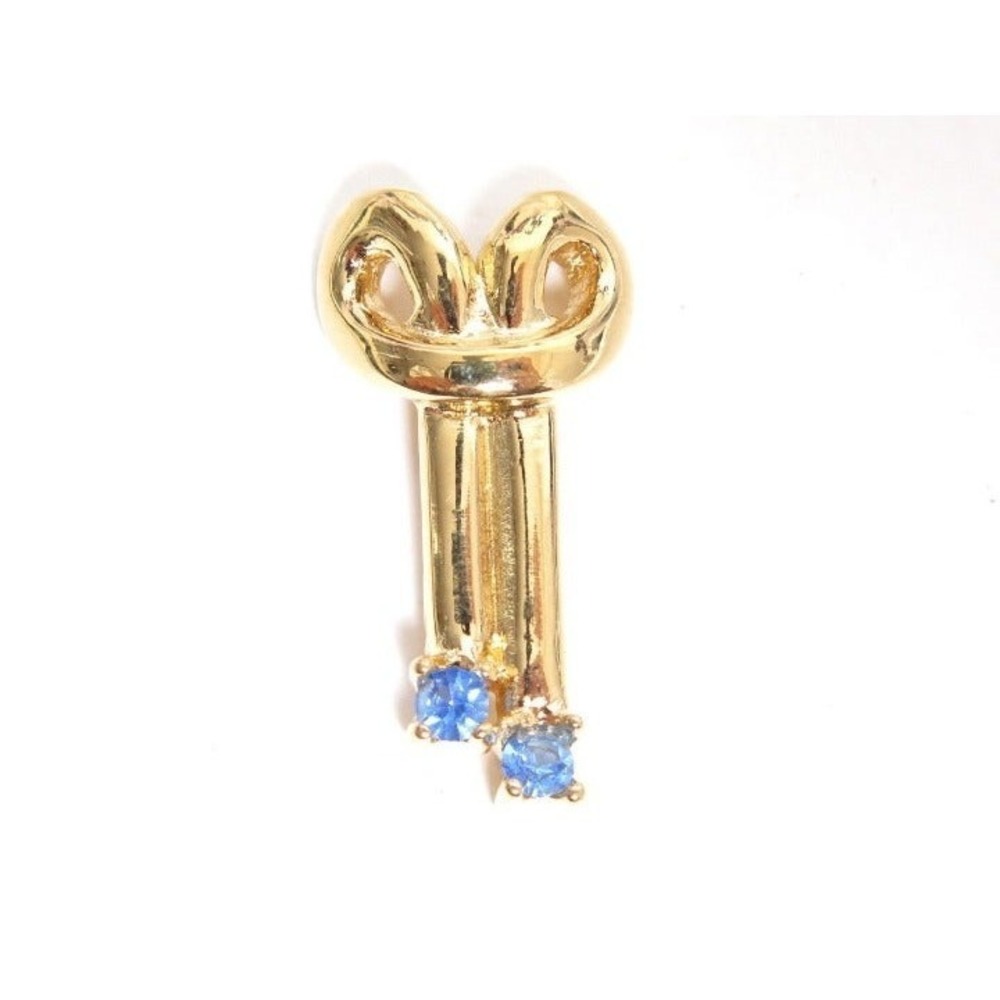 Vintage Gold Plated Blue Rhinestone Bow Necklace Pendant